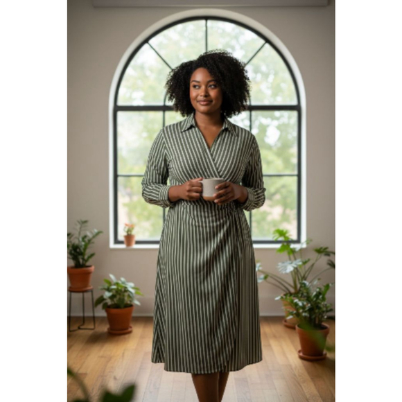 LOFT Dresses & Skirts - LOFT  Petite Olive Green White Stripe Faux Wrap Midi Long Sleeve Dress 14
